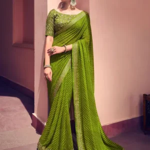 Striped, Embellished Bandhani Georgette Saree  (Green, Gold)#JustHere