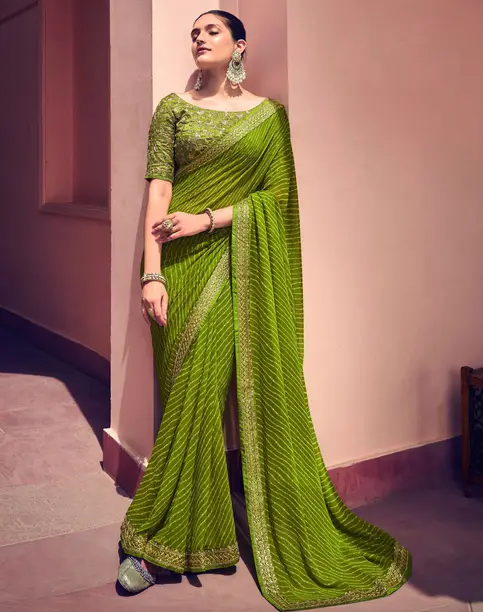 Striped, Embellished Bandhani Georgette Saree (Green, Gold)#JustHere