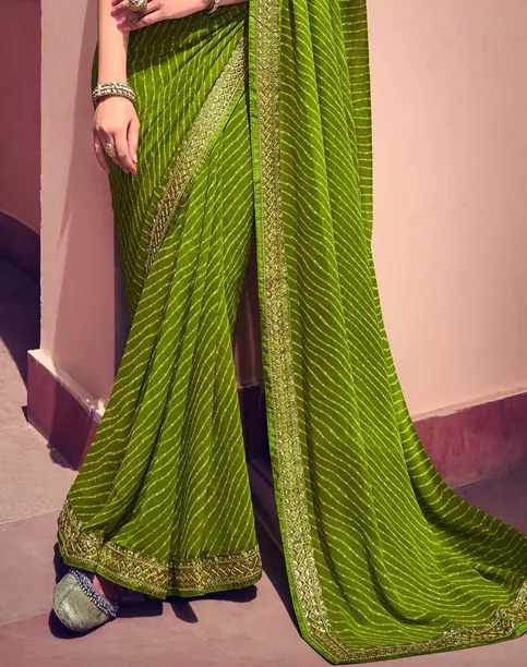 Striped, Embellished Bandhani Georgette Saree (Green, Gold)#JustHere - Image 3