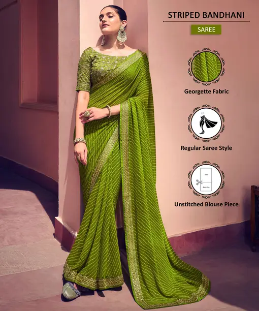 Striped, Embellished Bandhani Georgette Saree (Green, Gold)#JustHere - Image 4