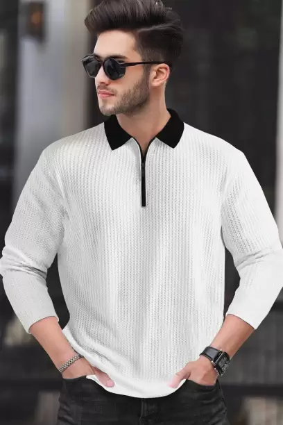 TRIPR Men Self Design Polo Neck Cotton Blend White, Black T-Shirt