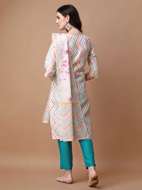 TRAHIMAM Women Cotton Blend Kurti Pant Dupatta Set - Image 4